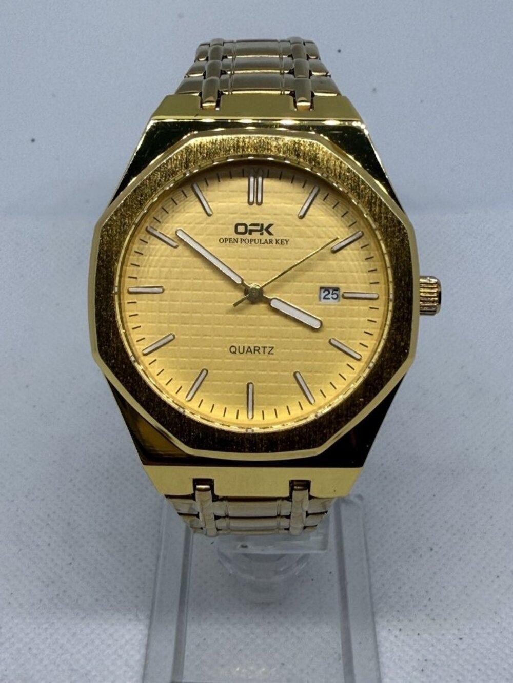 OPK 8139 Men's Quartz Watch Full Gold Tone Stainless Steel Eight-Sided Bezel